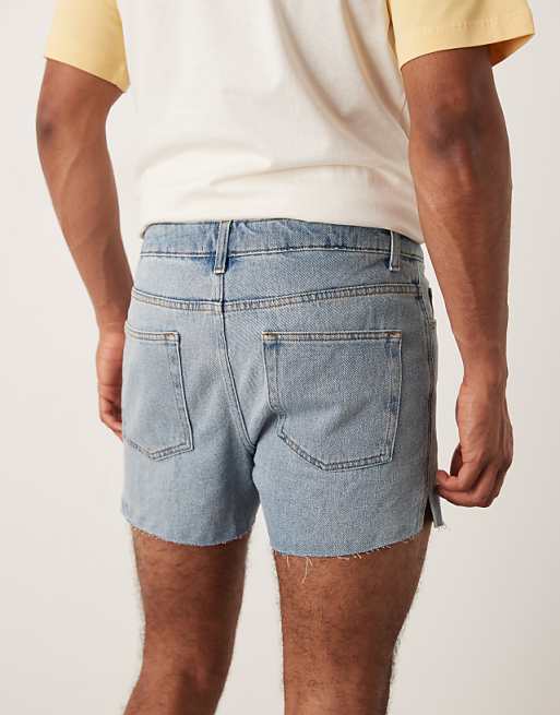 ASOS DESIGN Shorter Length Slim Denim Shorts With Rip Detail In Light Wash Blue