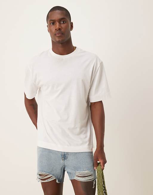 ASOS DESIGN Shorter Length Straight Fit Denim Shorts With Rip Detail In Light Wash Blue
