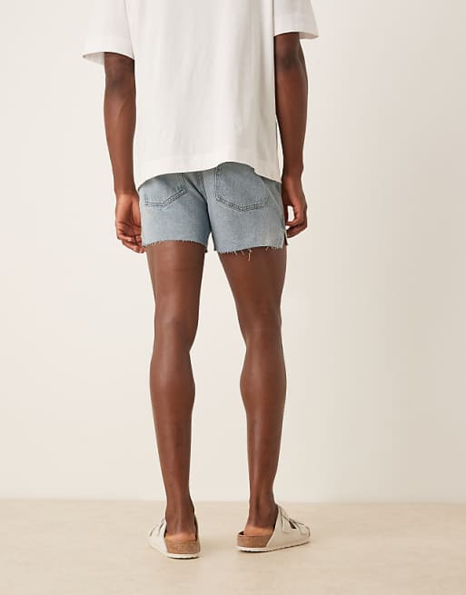 ASOS DESIGN Shorter Length Straight Fit Denim Shorts With Rip Detail In Light Wash Blue