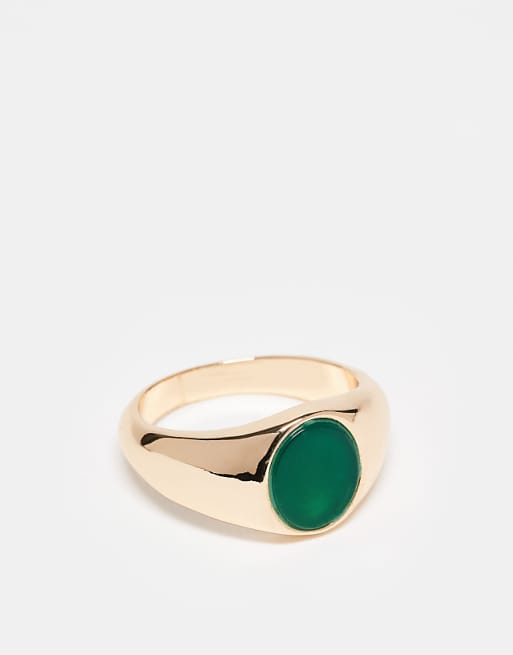 ASOS DESIGN signet ring with semi precious emerald stone in gold tone