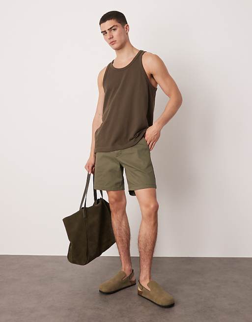 ASOS DESIGN skinny mid length chino shorts in khaki