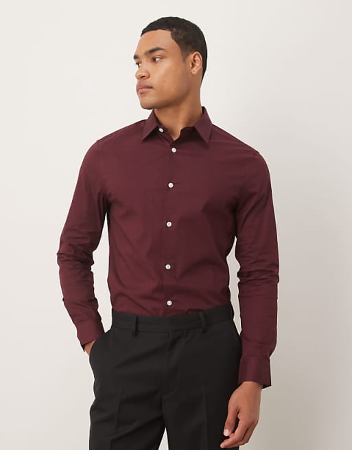 ASOS DESIGN skinny stretch work shirt in burgundy