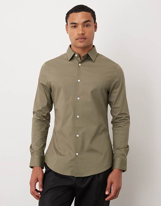 ASOS DESIGN skinny stretch work shirt in khaki