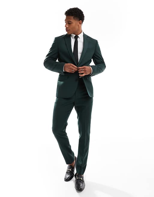 ASOS DESIGN skinny suit in dark green herringbone