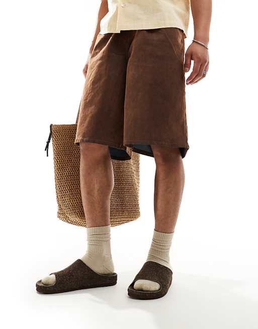 ASOS DESIGN Slider Sandals In Brown Hairy Suede