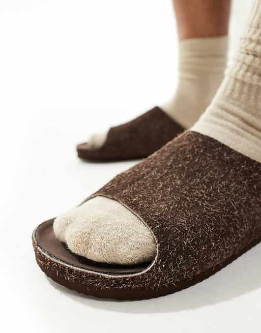 ASOS DESIGN Slider Sandals In Brown Hairy Suede