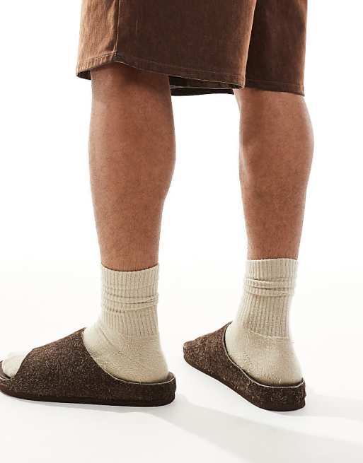 ASOS DESIGN Slider Sandals In Brown Hairy Suede