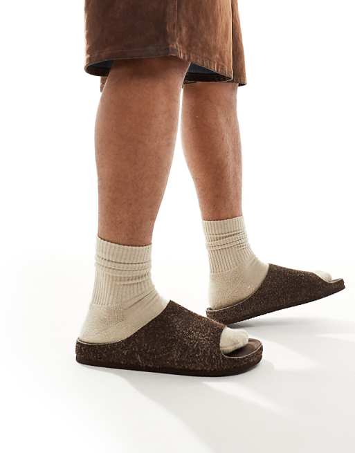 ASOS DESIGN slider sandals in brown hairy suede