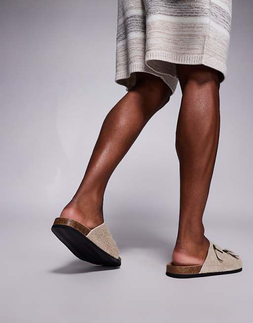 ASOS DESIGN Slider Sandals In Stone Hairy Suede