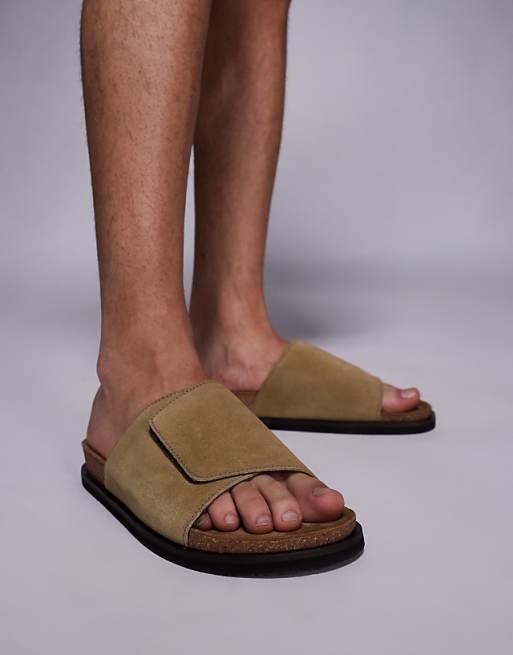 ASOS DESIGN Slider Sandals In Stone Suede With Cork Sole