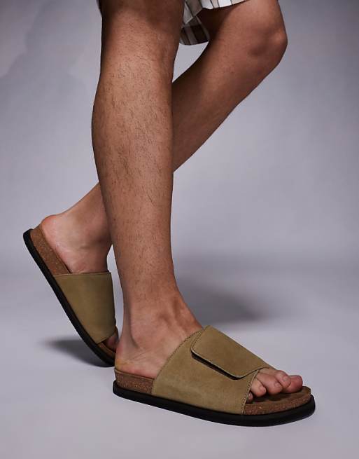 ASOS DESIGN slider sandals in stone suede with cork sole