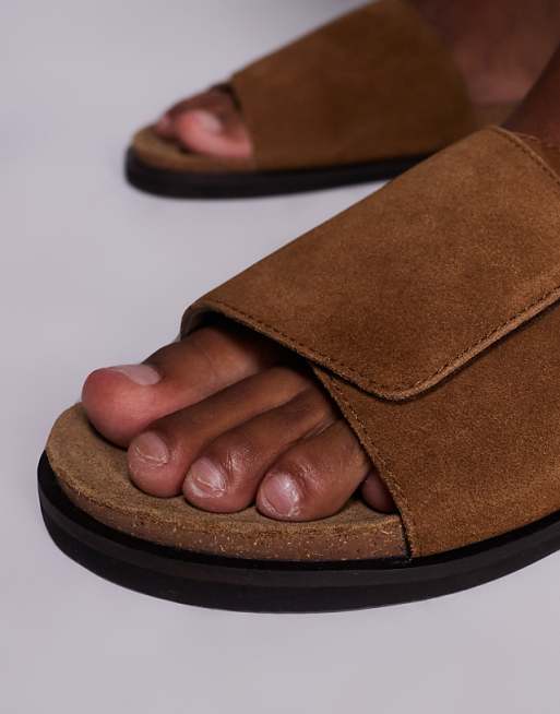 ASOS DESIGN Slider Sandals In Tan Suede With Cork Sole