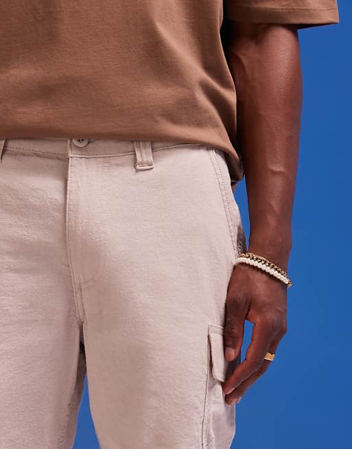 ASOS DESIGN Slim Cargo Short In Neutral Linen Texture