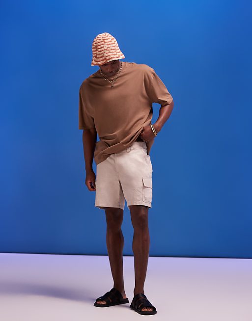 ASOS DESIGN slim cargo short in neutral linen texture