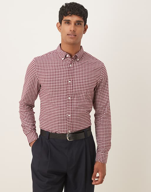 ASOS DESIGN slim fit check shirt in burgundy