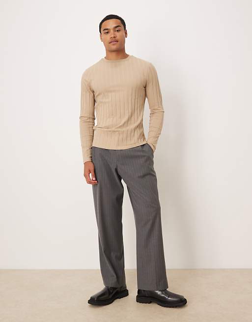 ASOS DESIGN Slim Fit Long Sleeve T-shirt In Beige Wide Rib