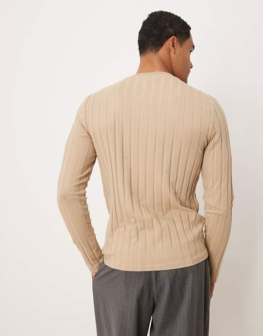 ASOS DESIGN Slim Fit Long Sleeve T-shirt In Beige Wide Rib