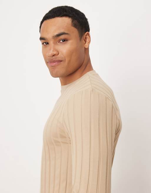 ASOS DESIGN Slim Fit Long Sleeve T-shirt In Beige Wide Rib