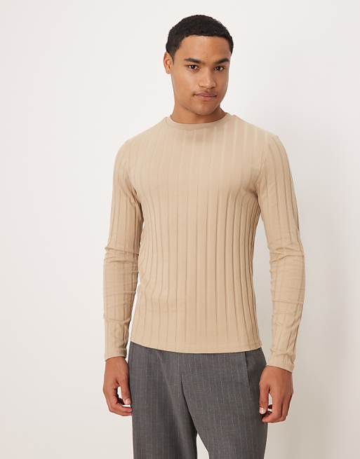 ASOS DESIGN slim fit long sleeve t-shirt in beige wide rib