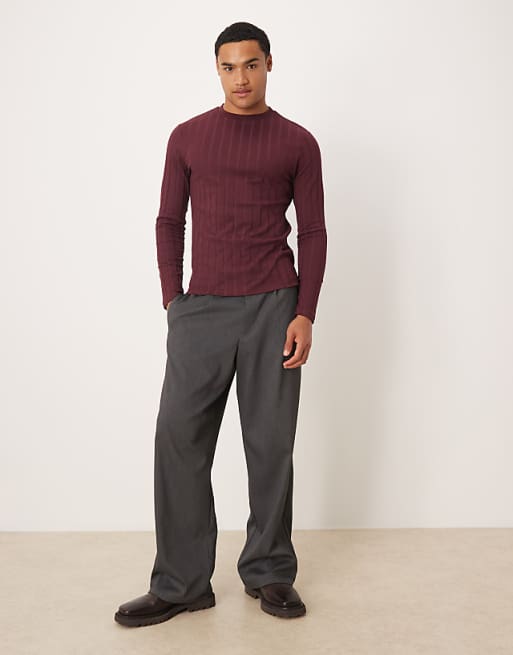 ASOS DESIGN Slim Fit Long Sleeve T-shirt In Burgundy Wide Rib