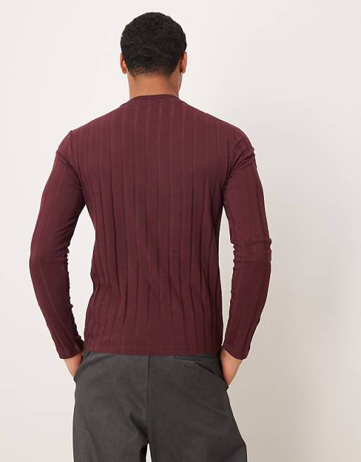 ASOS DESIGN Slim Fit Long Sleeve T-shirt In Burgundy Wide Rib
