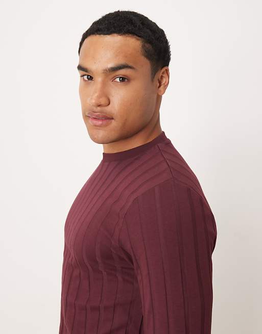 ASOS DESIGN Slim Fit Long Sleeve T-shirt In Burgundy Wide Rib