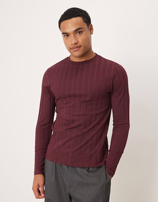 ASOS DESIGN slim fit long sleeve t-shirt in burgundy wide rib