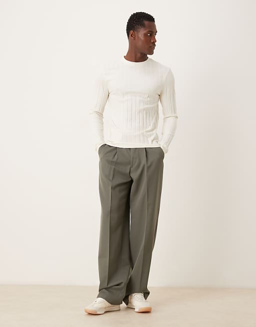 ASOS DESIGN Slim Fit Long Sleeve T-shirt In Cream Wide Rib