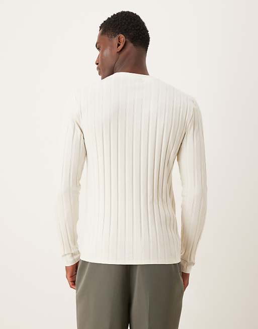ASOS DESIGN Slim Fit Long Sleeve T-shirt In Cream Wide Rib
