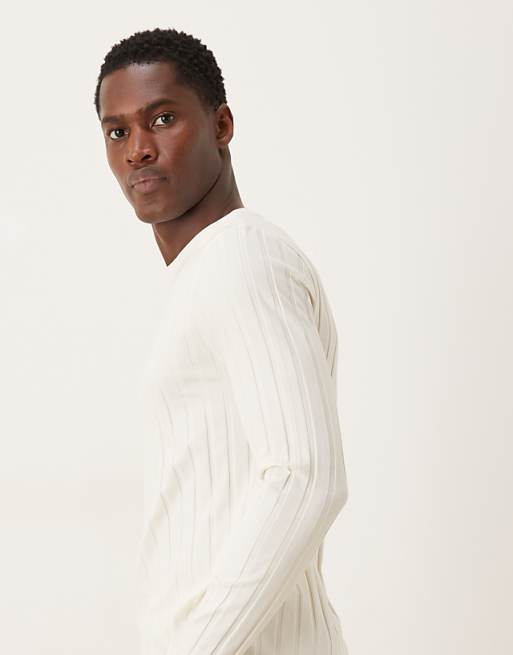 ASOS DESIGN Slim Fit Long Sleeve T-shirt In Cream Wide Rib