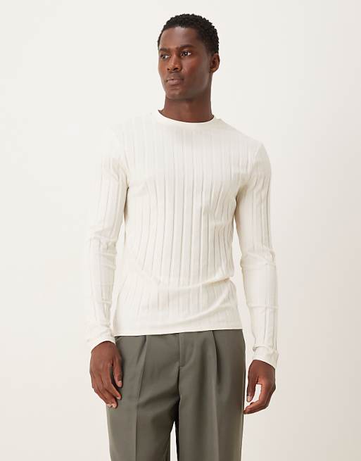 ASOS DESIGN slim fit long sleeve t-shirt in cream wide rib