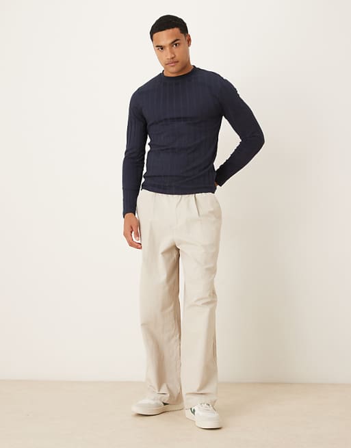 ASOS DESIGN Slim Fit Long Sleeve T-shirt In Navy Wide Rib
