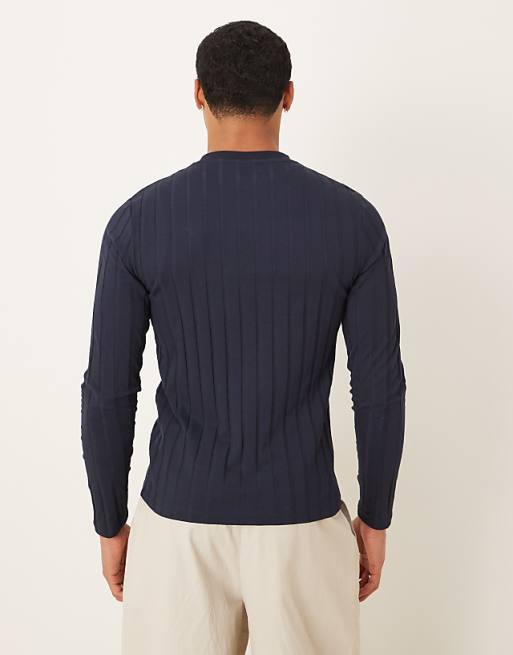 ASOS DESIGN Slim Fit Long Sleeve T-shirt In Navy Wide Rib