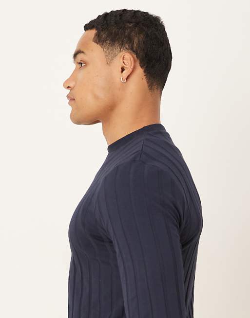 ASOS DESIGN Slim Fit Long Sleeve T-shirt In Navy Wide Rib
