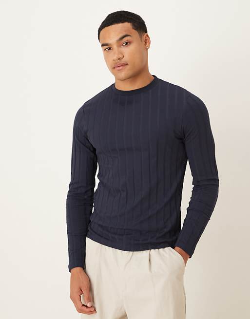 ASOS DESIGN slim fit long sleeve t-shirt in navy wide rib