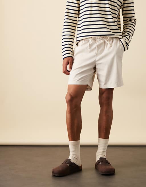 ASOS DESIGN slim mid length linen blend shorts in stone