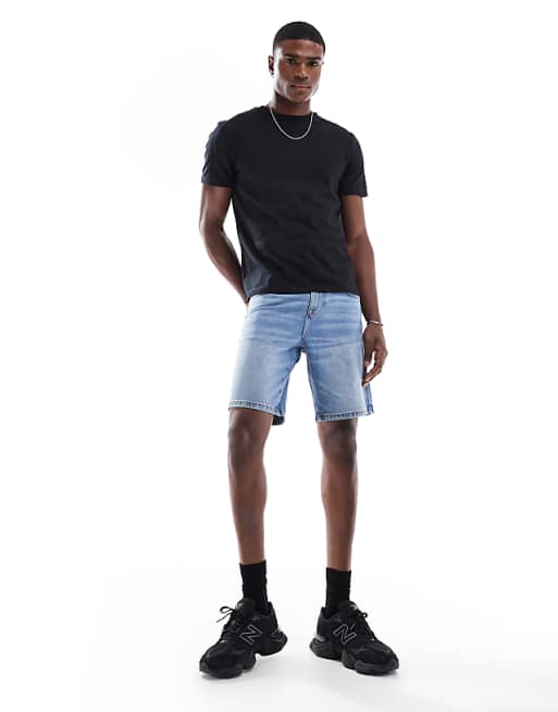 ASOS DESIGN slim regular length denim short in light wash blue