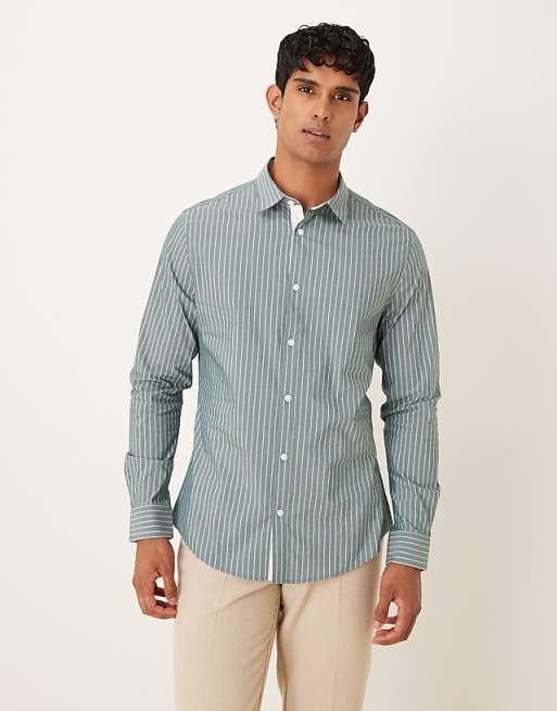 ASOS DESIGN Slim Stripe Shirt With Contrast Cuff In Green