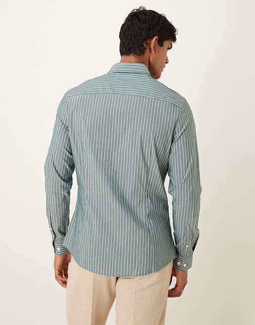ASOS DESIGN Slim Stripe Shirt With Contrast Cuff In Green