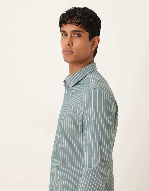 ASOS DESIGN Slim Stripe Shirt With Contrast Cuff In Green