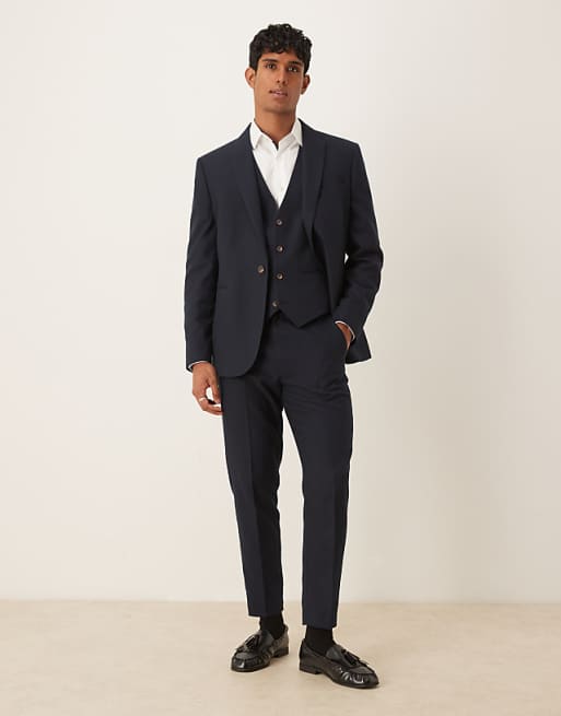 ASOS DESIGN Slim Suit In Navy Herringbone Wool Look