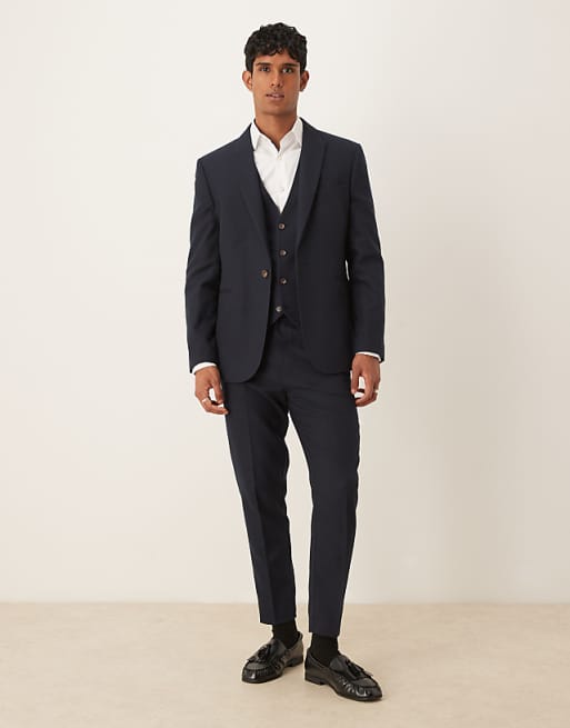 ASOS DESIGN slim suit in navy herringbone wool look