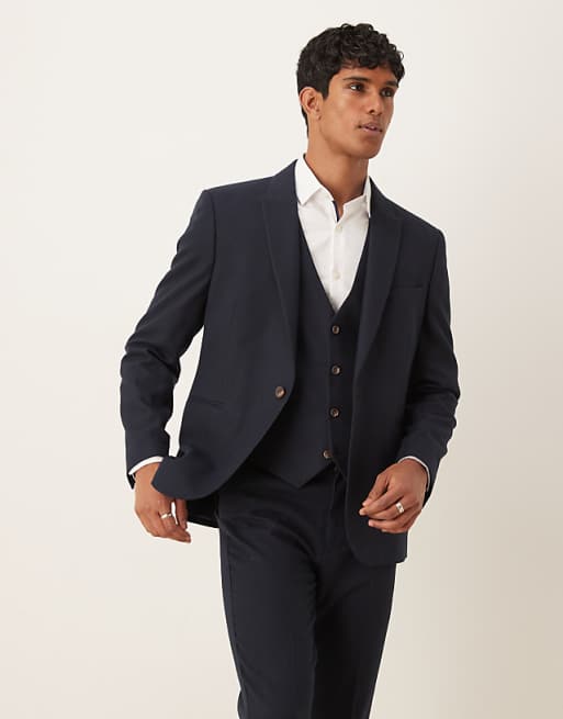 ASOS DESIGN Slim Suit In Navy Herringbone Wool Look