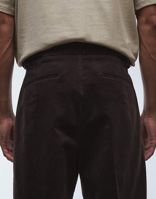 ASOS DESIGN Smart Cotton Rich Wide Leg Corduroy Trousers In Brown With Side Adjusters