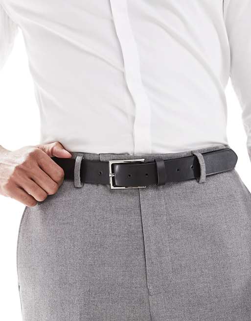 ASOS DESIGN smart faux leather belt with silver buckle in black - BLACK