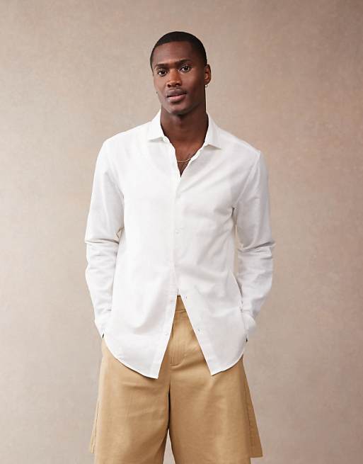 ASOS DESIGN smart linen look regular shirt with cutaway collar in white