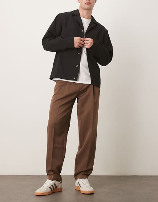 ASOS DESIGN Smart Oversized Tapered Trousers With Double Pleats In Brown