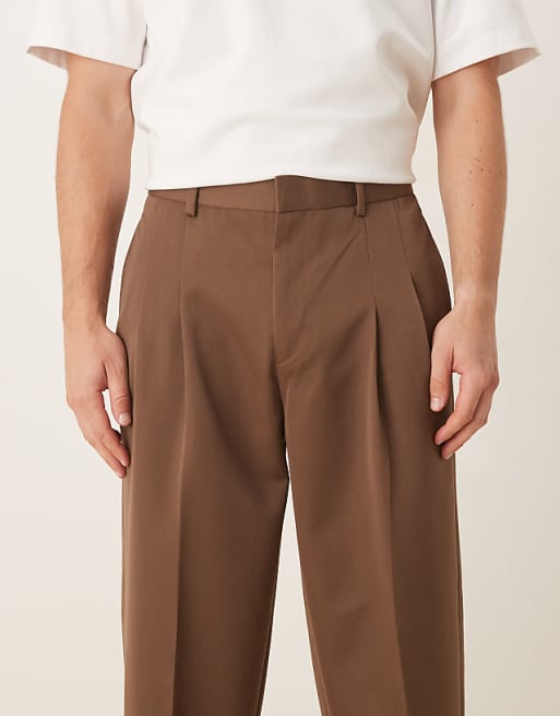 ASOS DESIGN Smart Oversized Tapered Trousers With Double Pleats In Brown
