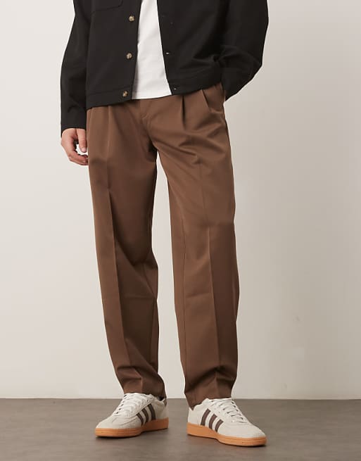ASOS DESIGN smart oversized tapered trousers with double pleats in brown