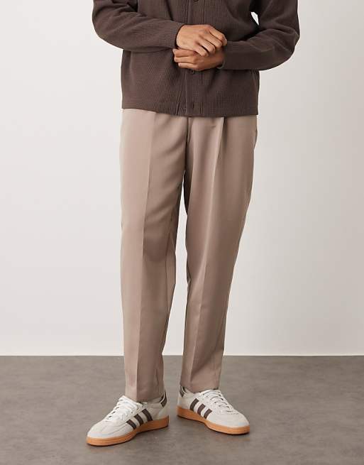 ASOS DESIGN smart relaxed tapered fit trousers with front pleats in dark stone